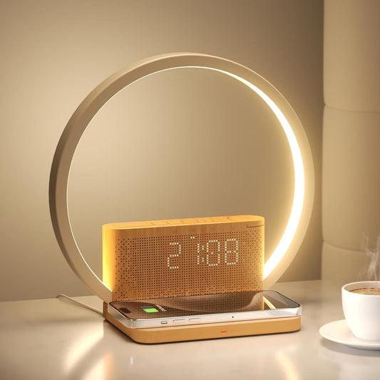 Revolutionize Your Mornings with the All-in-One Sunrise Alarm Clock & Wireless Charger - Touch Dimmable Bedside Lamp with Soothing Sounds and Adjustable Brightness